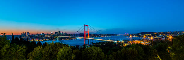 istock ISTANBUL, TURKEY. Panoramic view of Istanbul Bosphorus on sunset. Istanbul Bosphorus Bridge (15 July Martyrs Bridge. Turkish: 15 Temmuz Sehitler Koprusu). Beautiful cloudy blue sky. 1406414287