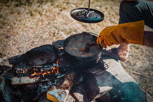 In Sweden, you can make campfires in every park. At this picnic, we made a campfire and prepared our lunch meal on the fire in this cast iron dutch oven.