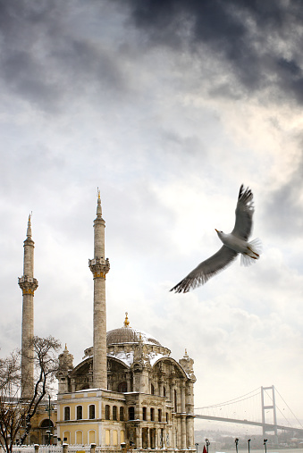 Ortakoy Mosque with Bosphorus bridge in Istanbul, Turkey