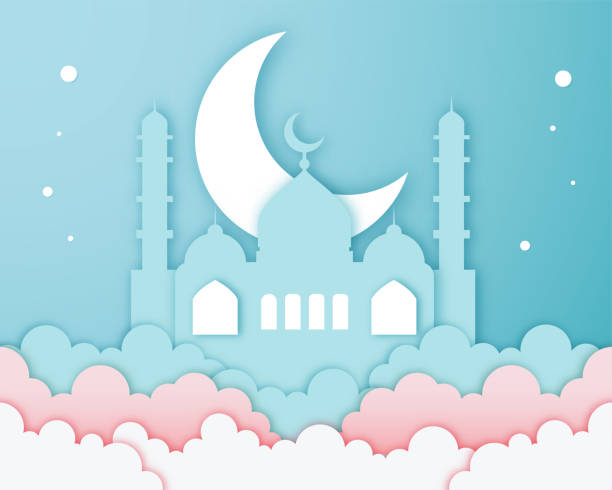 istock Islamic beautiful blue white papercut carving art greeting banner design 1406416722