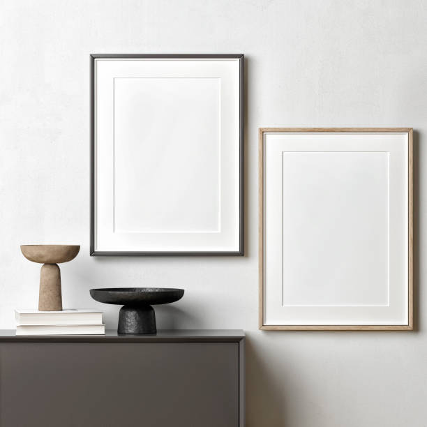 istock Mock-up frame - poster on modern drawers, minimal composition with decoration. 1406417572