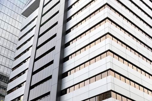 Closeup modern high-rise office buildings, low angle view, background with copy space, full frame horizontal composition