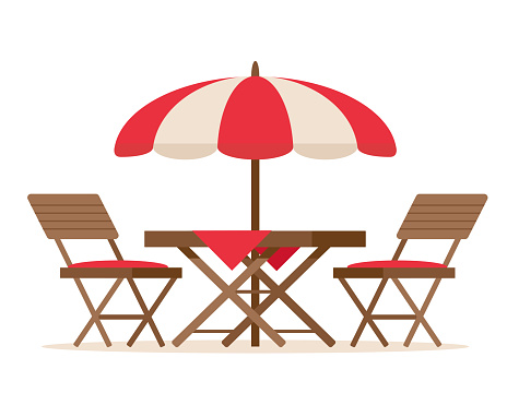 Furniture for summer patio holiday. Restaurant or cafe wooden table with chairs and beach umbrella. Vector illustration isolated on white background.