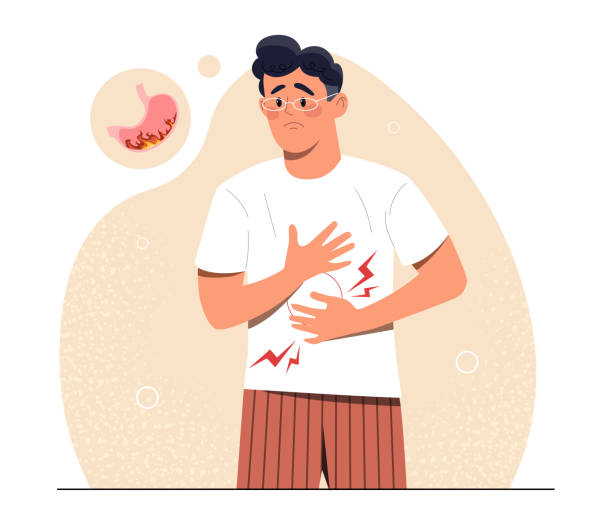 Abdomen pain concept Abdomen pain concept. Young guy holds his stomach with both hands, healthcare. Problems with intestines or digestion. Unhealthy diet and junk food, poisoning. Cartoon flat vector illustration human stomach internal organ stock illustrations