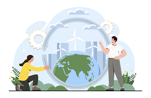 Circular cycle concept. Man and woman develop harmless way of production. Reducing waste, caring for nature and environment. Responsible society, innovation. Cartoon flat vector illustration