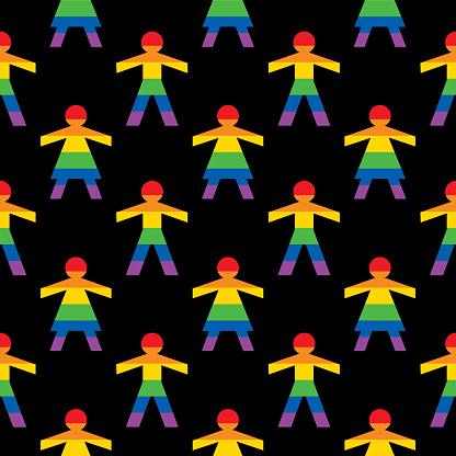 Vector seamless pattern of rainbow striped male and female figures on a square black background,