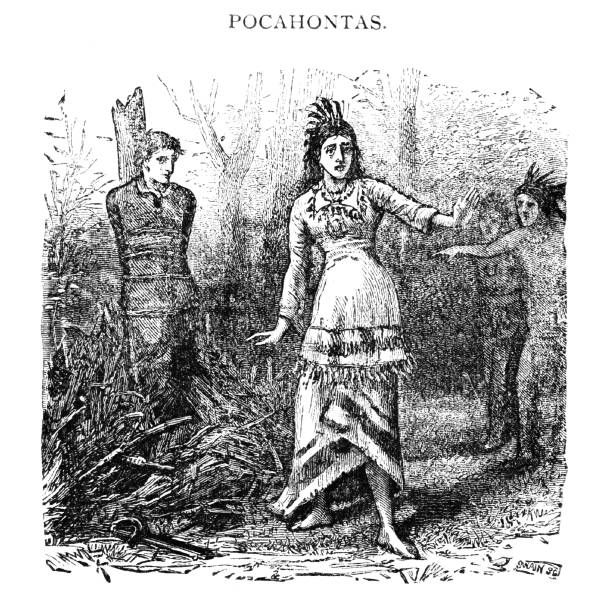 pocahontas rettet weißen mann, koloniale amerika-geschichte - pocahontas stock-grafiken, -clipart, -cartoons und -symbole