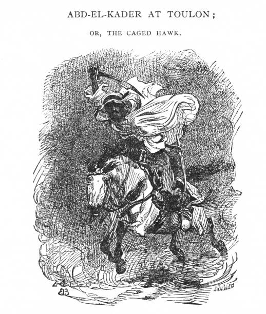 Abd El-Kader of Algeria, 19th Century African and European (French) History Abd El-Kader, an Arab of Algeria, leads the charge against the French army. Illustration published 1899. Source: Original edition is from my own archives. Copyright has expired and is in Public Domain. arab man riding horse stock illustrations