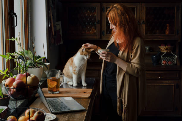 istock Woman drinking tea and stroking ginger cat at retro home 1406427503