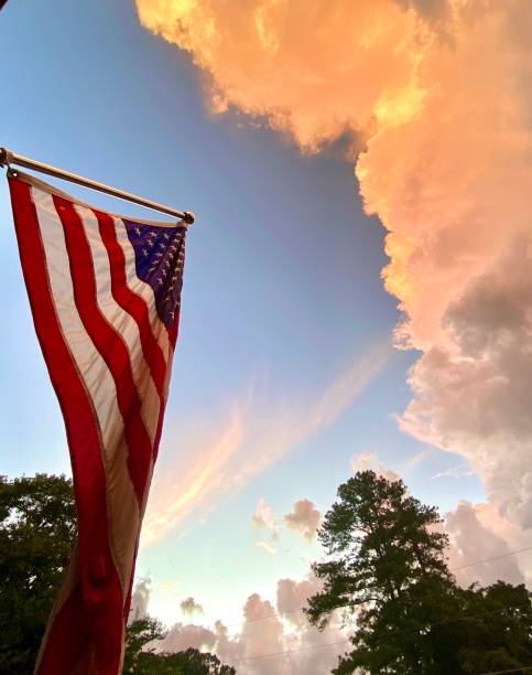 istock The American flag flying under a pastel sky at sunset 1406429958