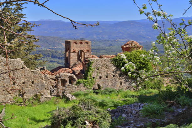 The remains of the medieval ruined city of Mytras, with a mostly intact church
