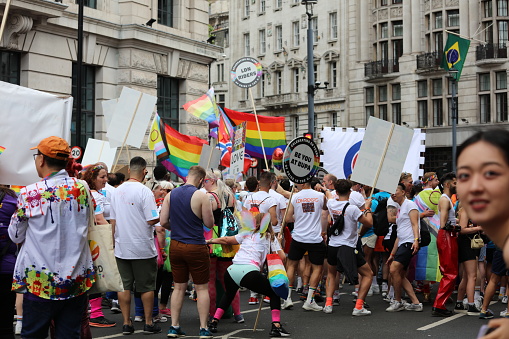 London, England - July 02: A general view of the crowds at Pride in London 2022. The 50th Anniversary is on July 02, 2022, in London, England.