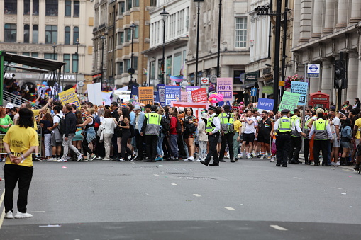 London, England - July 02: A general view of the crowds at Pride in London 2022. The 50th Anniversary is on July 02, 2022, in London, England.