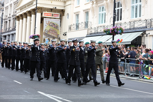 Salvador, Bahia, Brazil - September 07, 2022: Navy soldiers are seen waiting for the start of the Brazilian Independence Day parade in Salvador, Bahia.