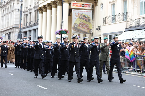 Rome, Italy - 10 April 2019: policemen and policewomen in uniform, waiting in line, before receiving the medal, during the celebrations of the 167th anniversary of the State Police.