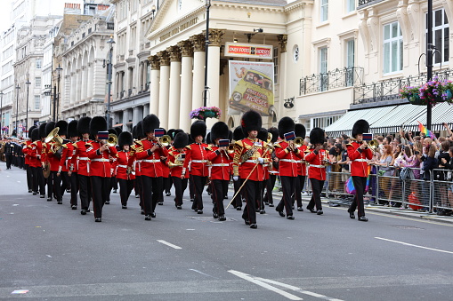 Royal Guards Orchestra during change of guard ceremony in front of Buckingham Palace, London.