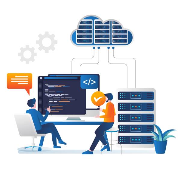 ilustrações de stock, clip art, desenhos animados e ícones de isometric illustration concept cloud server analyst programmer language - diagram computer network network server network security