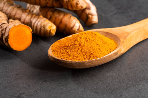 curcuma longa - korzenie i świeża kurkuma w proszku - spice seasoning east curry powder zdjęcia i obrazy z banku zdjęć