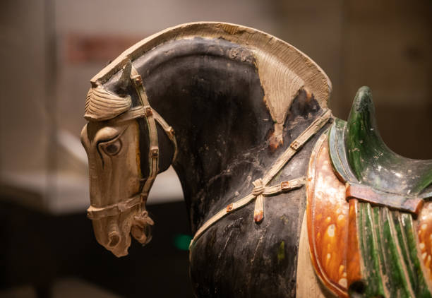 alte china tang dynastie sancai pferd nahaufnahme - ethnisches erscheinungsbild stock-fotos und bilder