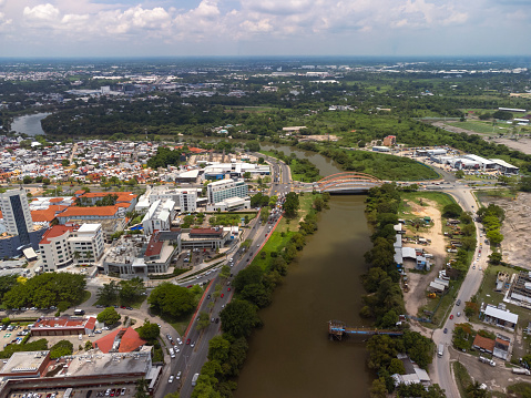 Aerial view of the City of Villahermosa in Tabasco State with Carrizal River.