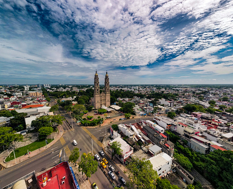 Aerial view of the City of Villahermosa in Tabasco State with its cathedral