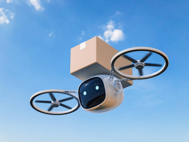 istock Delivery drone flying with cardboard box 1406436438