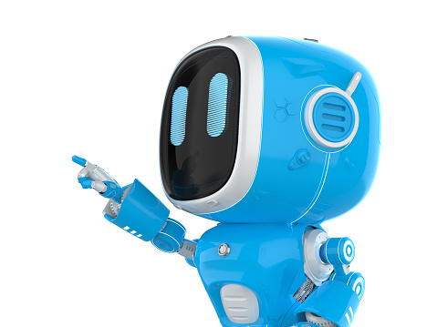 lindo y pequeño asistente de inteligencia artificial robot punta de dedo photo