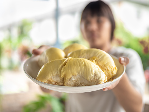 A woman holding a durian shows the yellow durian flesh in a plate