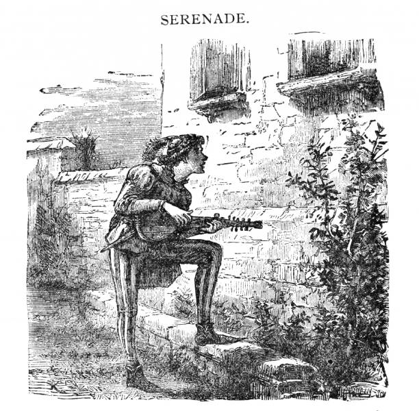 Musician Serenades on a Lute, Middle Ages A musician strums his lute, serenading under a window. Illustration published 1899. Original edition is from my own archives. Copyright has expired and is in Public Domain. troubadour stock illustrations