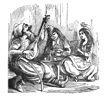 A Middle Eastern Arabic man strums his mandolin (or lute) to two women and sings a ghazul, love song about loss. The middle woman is pregnant as she holds her swollen belly. Illustration published 1899. Original edition is from my own archives. Copyright has expired and is in Public Domain.