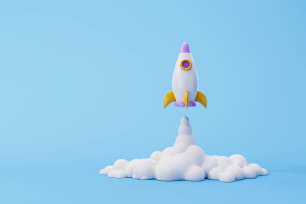 istock Rocket launch on blue background, Spaceship icon, startup business concept. 3d illustration 1406447020