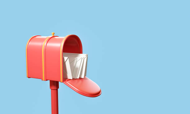 caixa de correio vermelha com envelope voador, entrega de correio e conceito de newsletter. ilustração de renderização 3d - red asia send mail - fotografias e filmes do acervo