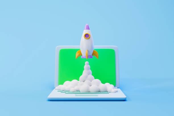 istock Rocket launch on laptop, flying rocket icon, business startup project concept. 3d illustration 1406447026