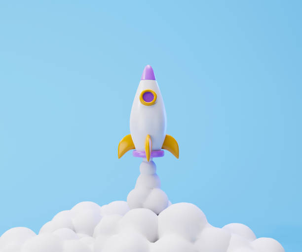 istock Rocket launch on blue background, Spaceship icon, startup business concept. 3d illustration 1406447027