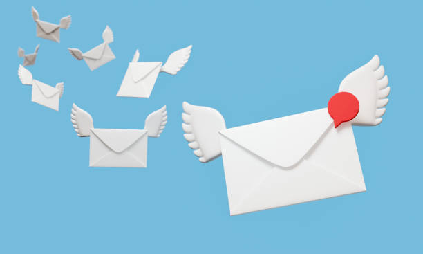 Flying envelope wings, incoming mail notify, newsletter and online email concept. 3d render illustration stock photo