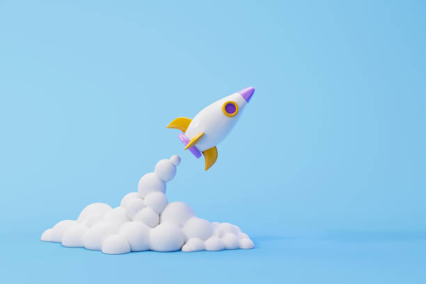 istock Rocket launch on blue background, Spaceship icon, startup business concept. 3d illustration 1406447034