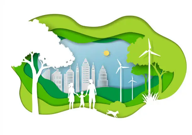 Vector illustration of Green eco city with family love nature,paper art landscape in depth layer background