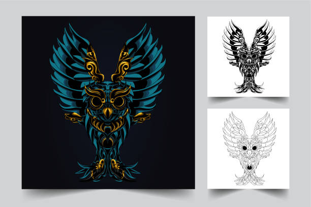 illustrations, cliparts, dessins animés et icônes de logo d’ornement de hibou foncé - powerful owl