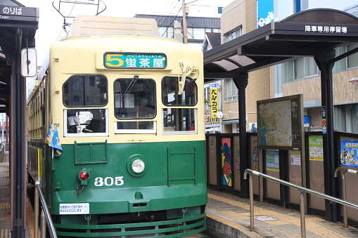 Nagasaki, Japan – January 31, 2020: Spectacles Bridge is a famous landmark in Nagasaki and can be reached by tram