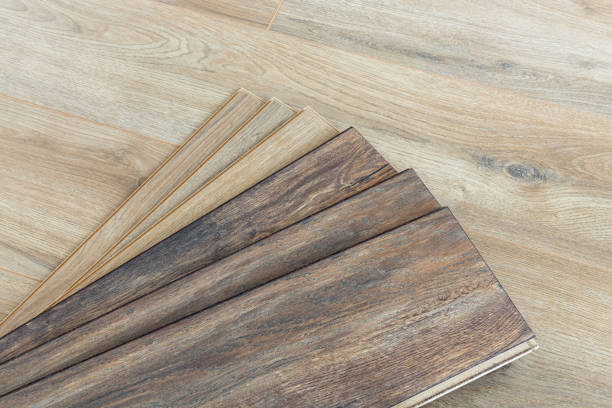 istock Wooden floor samples of laminate. Timber, laminate flooring. 1406454243