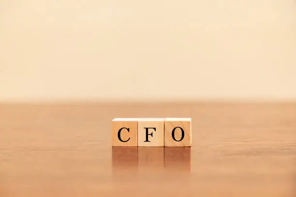 Photo of CFO character. CFO. Chief Financial Officer. Written on three wooden blocks. Black letters.