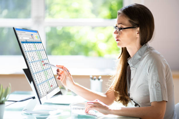 electronic spreadsheet on analyst auditor computer - rekening stockfoto's en -beelden