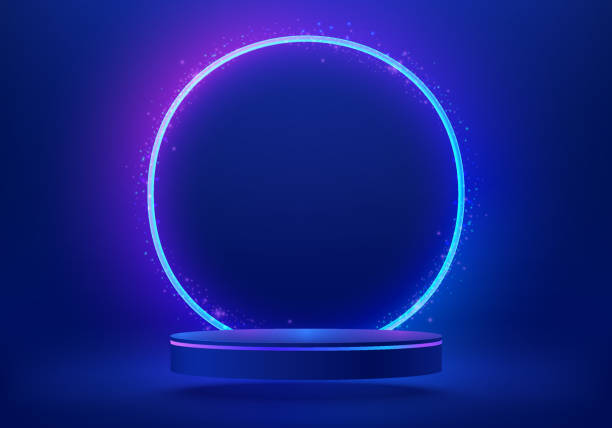 istock Abstract blue cylinder pedestal podium. Sci-fi blue abstract room with glowing circle ring neon lamp lighting. Vector rendering 3d shape, Product display mockup. Futuristic scene. Stage for showcase. 1406460785