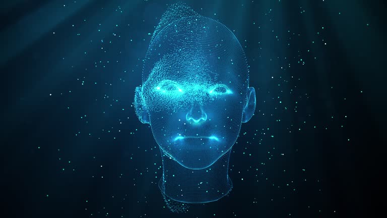 Face Scanning Digital Motion Graphic Rotation with Light flare Background Particle. Slow motion Graphic.