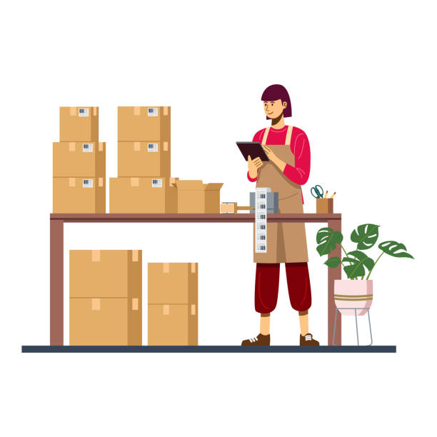 Online business owner packing product orders EPS 10 small business owner on computer stock illustrations