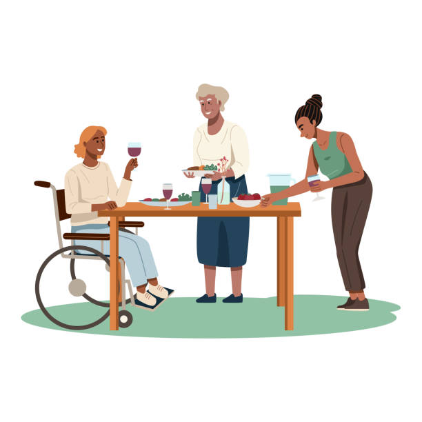 Grandmother, mother and disabled daughter having party EPS 10 black family reunion stock illustrations