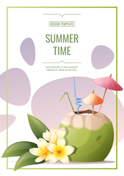 projekt szablonu ulotki z koktajlem kokosowym, parasolami koktajlowymi i słomkami, kwiatami frangipani. letnia impreza na plaży, bar, orzeźwiające napoje. baner, ulotka, plakat a4 rozmiar do reklamy - decorative umbrella stock illustrations