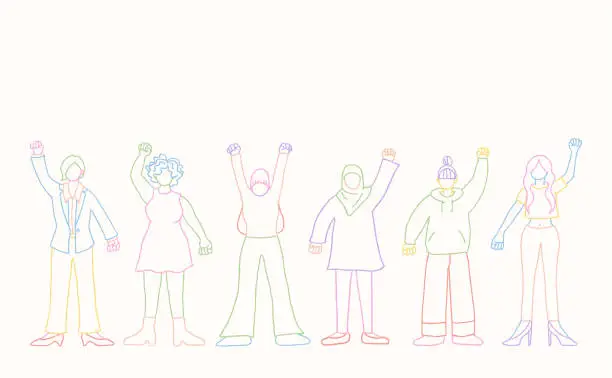 Vector illustration of Women standing with their fists raised up in the air