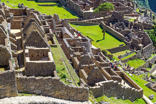 Close up of the Machu Picchu architecture with sun temple, Machu Picchu historic sanctuary, Cusco, Peru.