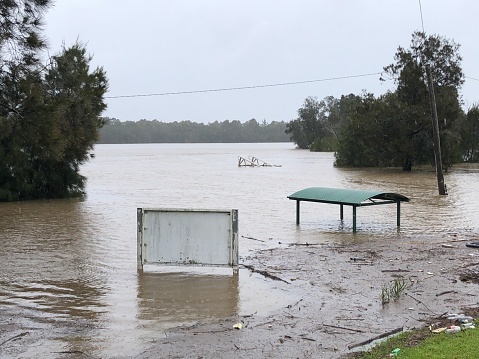 Geroges River, Lansvale, NSW, Australia – July 3, 2022: Closure due to flooding.